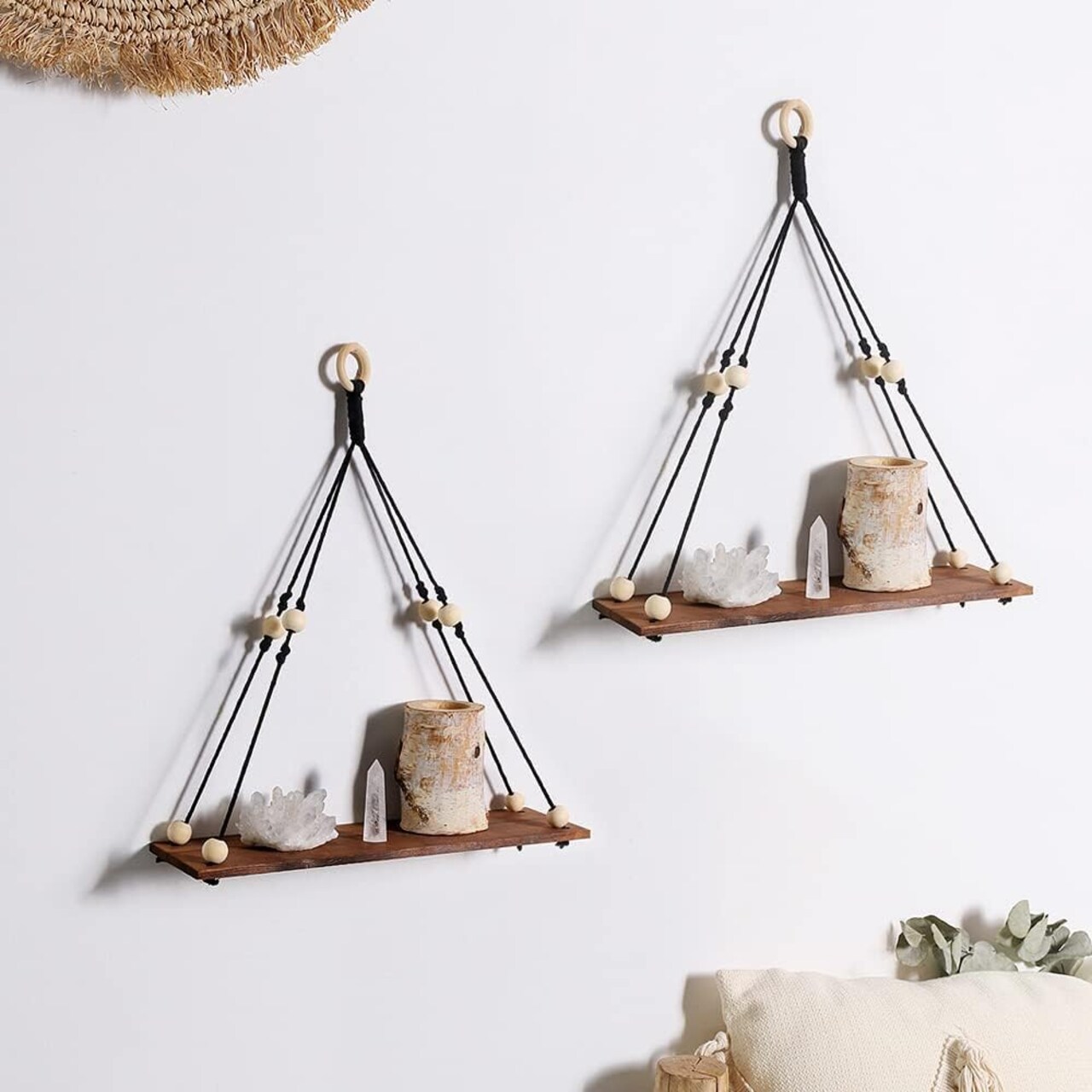 2 Pack Wooden Wall Hanging Shelves - Macrame Hanging Plant Shelf Boho (Black)